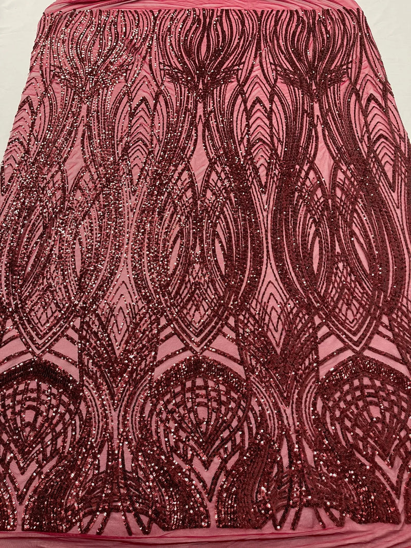 Long Wavy Pattern Sequins - Burgundy - 4 Way Stretch Sequins Fabric Line Design By Yard