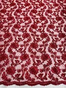 Corded Sequins Flower Lace - Burgundy - Corded Floral Lace With Sequins Sold By Yard
