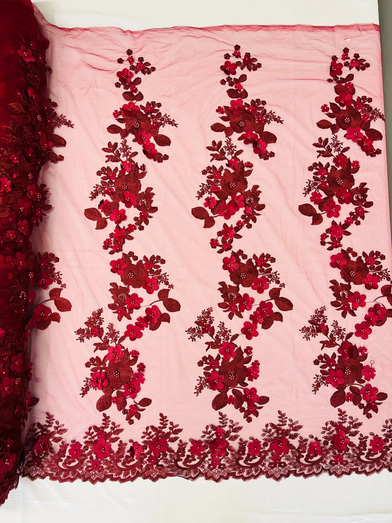 Floral 3D Rose Fabric - Burgundy - Embroided Rose Flower Design Fabric Sold by Yard