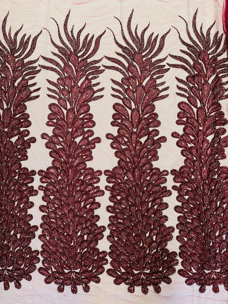 3D Beaded Peacock Feathers - Burgundy - Vegas Design Embroidered Sequins and Beads On a Mesh Lace Fabric (Choose The Panels)