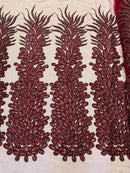 3D Beaded Peacock Feathers - Burgundy - Vegas Design Embroidered Sequins and Beads On a Mesh Lace Fabric (Choose The Panels)