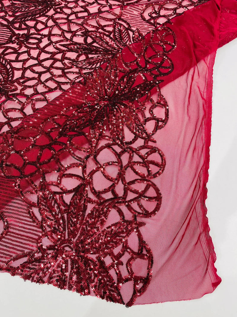 Elegant Floral Leaf Design - Burgundy - 4 Way Stretch Sequins Lace Spandex Fabric By Yard
