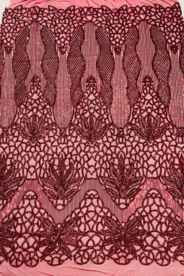 Elegant Floral Leaf Design - Burgundy - 4 Way Stretch Sequins Lace Spandex Fabric By Yard