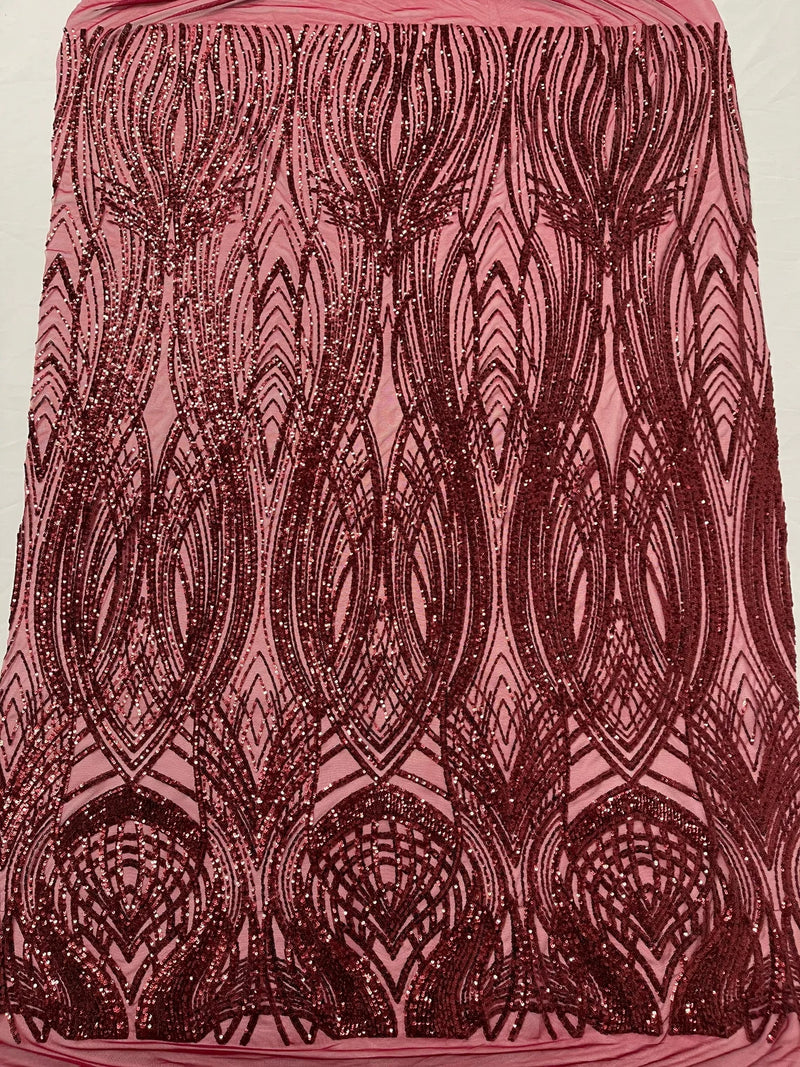 Long Wavy Pattern Sequins - Burgundy - 4 Way Stretch Sequins Fabric Line Design By Yard