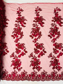 Floral 3D Rose Fabric - Burgundy - Embroided Rose Flower Design Fabric Sold by Yard