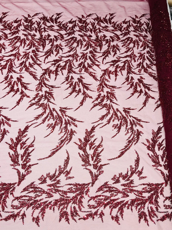 Leaf Plant Cluster Design Fabric - Burgundy - Beaded Embroidered Leaves Design on Lace Mesh By Yard