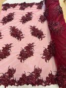 3D Floral Clusters with Rhinestone - Burgundy Embroidered Flowers Beads On Lace Yard