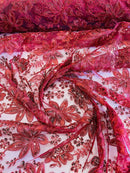 Holographic Sequins Lace - Burgundy - Flower Sequins Lace Design w/ Metallic Thread by Yard