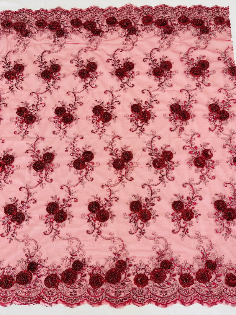 Flower Lace Fabric - Burgundy - Embroidered Roses With Sequins on a Mesh Lace Fabric By Yard
