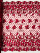 3D Floral Pearl Fabric - Burgundy - 3D Triangle Flower Design on Mesh By Yard