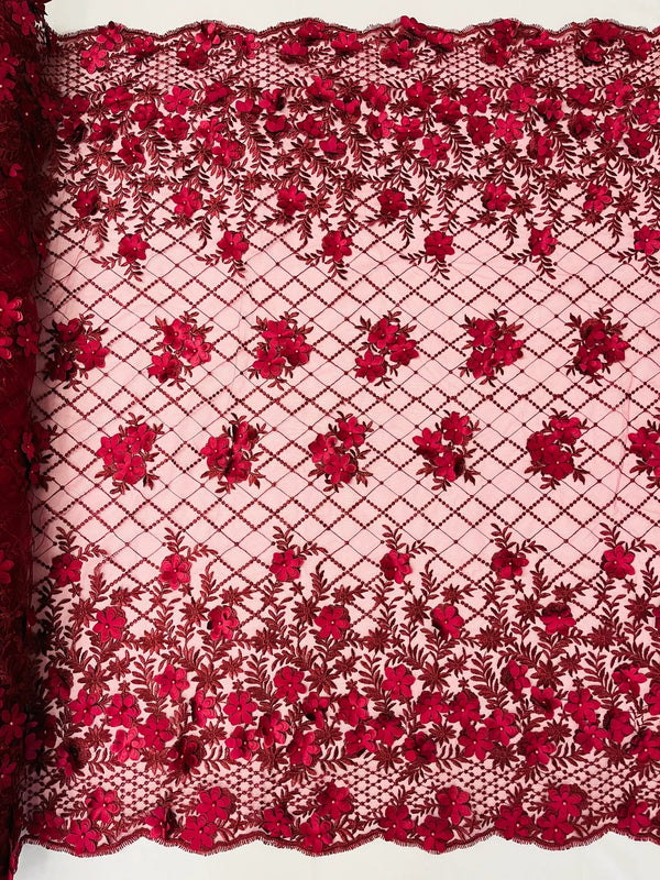 3D Floral Pearl Fabric - Burgundy - 3D Triangle Flower Design on Mesh By Yard