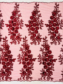 3D Rhinestone Rose Fabric - Burgundy - Embroidered 3D Roses Design on Mesh Fabric Sold by Yard