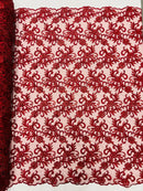 Small Flower Fabric - Burgundy - Floral Plant Embroidered Design on Lace Mesh By Yard