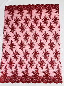 Lace Flower Cluster Fabric - Burgundy - Embroidered Flower With Sequins on a Mesh Lace Fabric By Yard