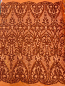 Heart Damask Sequins - Burnt Orange - 4 Way Stretch Elegant Shiny Net Sequins Fabric By Yard
