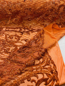 Heart Damask Sequins - Burnt Orange - 4 Way Stretch Elegant Shiny Net Sequins Fabric By Yard