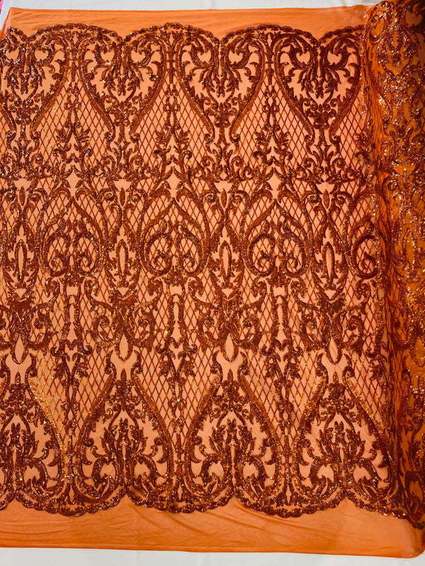 Heart Damask Sequins - Burnt Orange - 4 Way Stretch Elegant Shiny Net Sequins Fabric By Yard