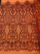 Damask Geometric Sequins - Burnt Orange - 4 Way Stretch Sequins Damask Pattern Design Sold By Yard