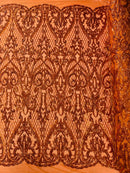 Heart Damask Sequins - Burnt Orange - 4 Way Stretch Elegant Shiny Net Sequins Fabric By Yard