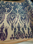 Big Damask Sequins Fabric - Purple - 4 Way Stretch Damask Sequins Design Fabric By Yard