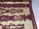 4 Way Stretch - Burgundy and Gold - Two Tone Flower Design Sequins On Stretch Mesh By The Yard