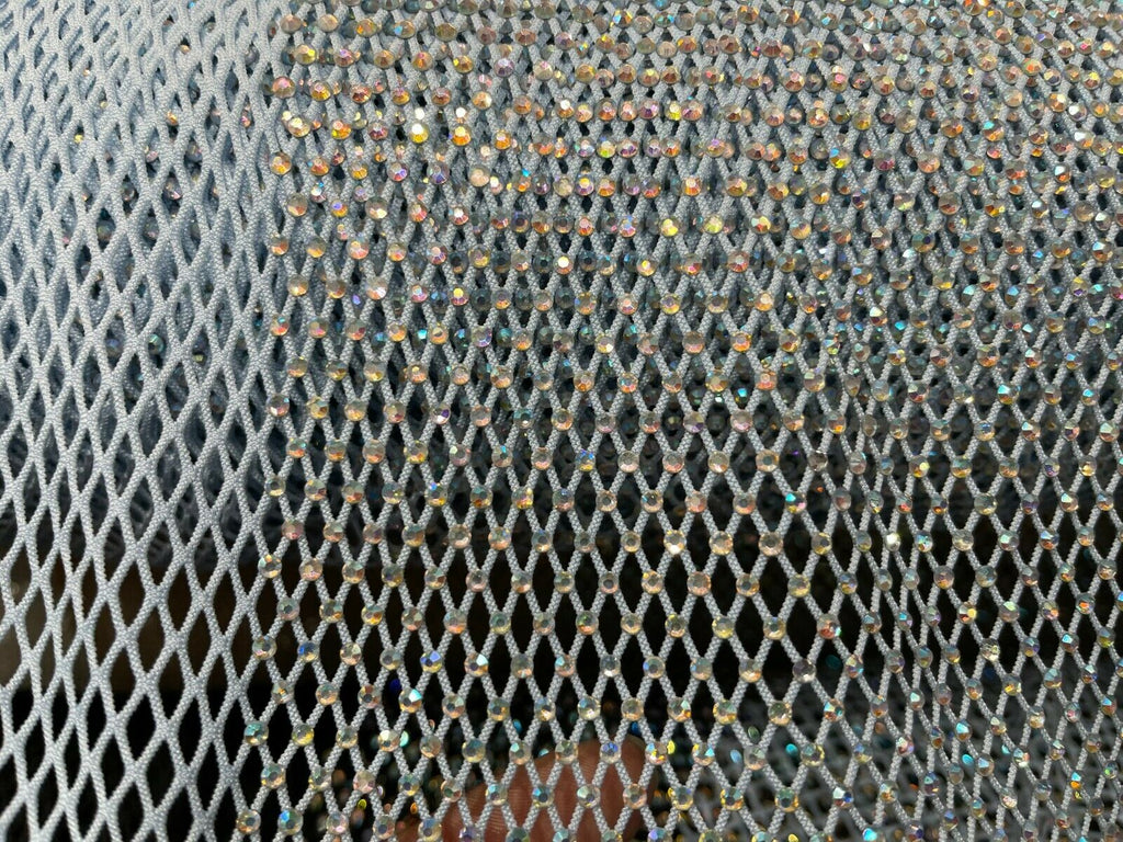 Iridescent Rhinestones Fabric On Baby Blue Stretch Net Fabric, Fish Ne