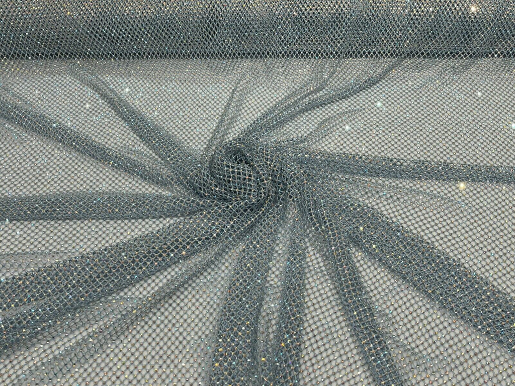 Iridescent Rhinestones Fabric On Baby Blue Stretch Net Fabric, Fish Ne