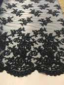 Black Beaded Bridal Lace, Sold By The Yard Embroidered Floral Wedding Beaded Fabric with Sequin
