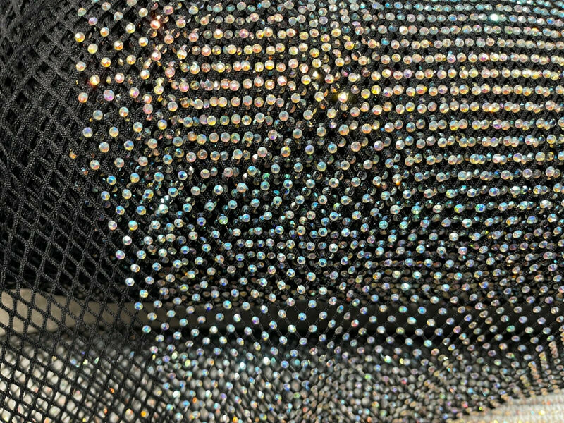 Iridescent Rhinestones Fabric On Stretch Net Fabric, Fish Net with Crystal Stones by yard