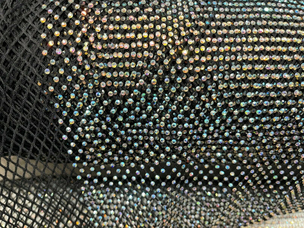 Iridescent Rhinestones Fabric On Black Stretch Net Fabric, Fish Net with Crystal Stones by yard