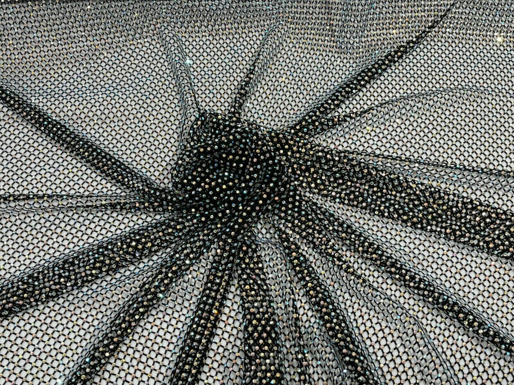Iridescent Rhinestones Fabric On Black Stretch Net Fabric, Fish Net wi