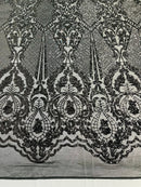 Black Sequins Fabric on Mesh, DAMASK Design Embroidered on a 4 way Stretch By The Yard