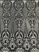 Black Sequins Fabric on Mesh, DAMASK Design Embroidered on a 4 way Stretch By The Yard