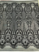 Black Sequins Fabric on Mesh, DAMASK Design Embroidered on a 4 way Stretch By The Yard