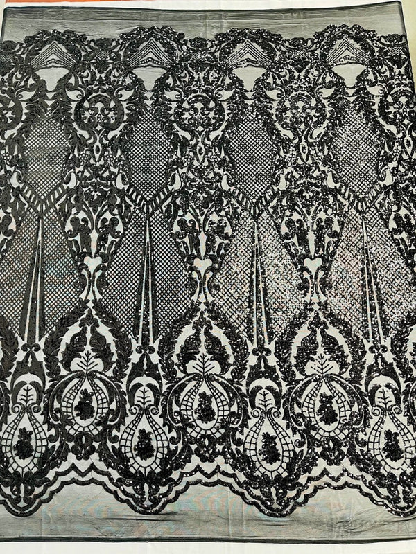 Black Sequins Fabric on Mesh, DAMASK Design Embroidered on a 4 way Stretch By The Yard