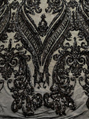 Big Damask Sequins Fabric - Black - 4 Way Stretch Damask Sequins Design Fabric By Yard