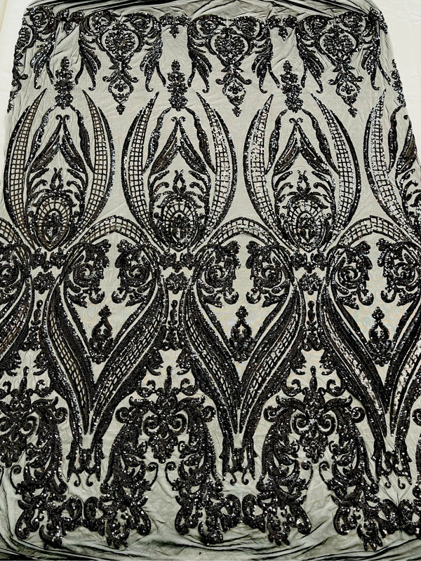 Big Damask Sequins Fabric - Black - 4 Way Stretch Damask Sequins Design Fabric By Yard