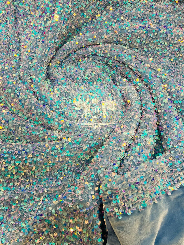 Stretch Velvet Sequins - Aqua Blue - 2 Way Stretch Velvet Sequins Fabric By Yard 58/60”