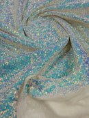 Mini Glitz Sequins - Iridescent Blue/ White on White Mesh - Mini Sequins 4 Way Stretch Mesh Fabric