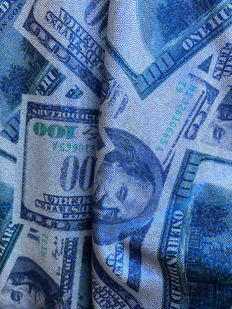 Money Print Fabric - Metallic Blue - 100 Dollar Bills Stretch Spandex