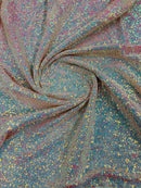 Mini Glitz Sequins - Iridescent Blue/ Pink on Nude Mesh - Mini Sequins 4 Way Stretch Mesh Fabric