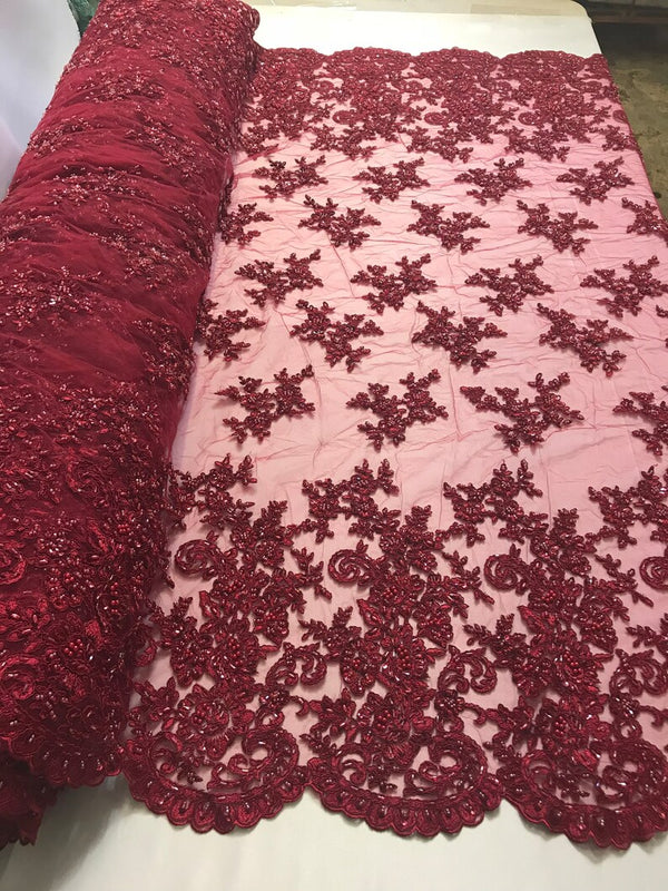 Burgundy Beaded Bridal Lace, Sold By The Yard Embroidered Floral Wedding Beaded Fabric with Sequins