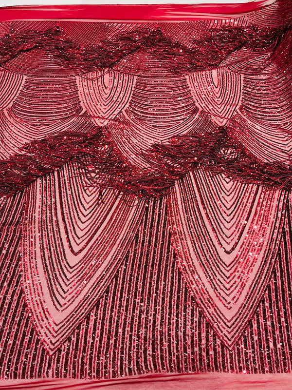 Burgundy Fringe Sequins - Dangle 4 Way Stretch Fancy Sequins Fabric Sold By The Yard