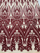 Big Damask Sequins Fabric - Burgundy - 4 Way Stretch Damask Sequins Design Fabric By Yard
