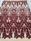 Big Damask Sequins Fabric - Burgundy - 4 Way Stretch Damask Sequins Design Fabric By Yard