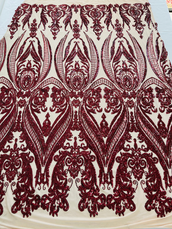 Big Damask Sequins Fabric - Burgundy - 4 Way Stretch Damask Sequins Design Fabric By Yard