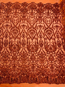 Damask Decor Sequins - Burnt Orange - 4 Way Stretch Design High Quality Fabric By Yard