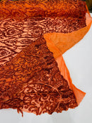 Damask Decor Sequins - Burnt Orange - 4 Way Stretch Design High Quality Fabric By Yard