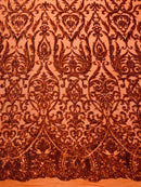 Damask Decor Sequins - Burnt Orange - 4 Way Stretch Design High Quality Fabric By Yard