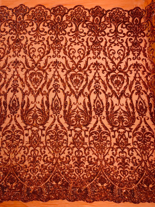 Damask Decor Sequins - Burnt Orange - 4 Way Stretch Design High Quality Fabric By Yard